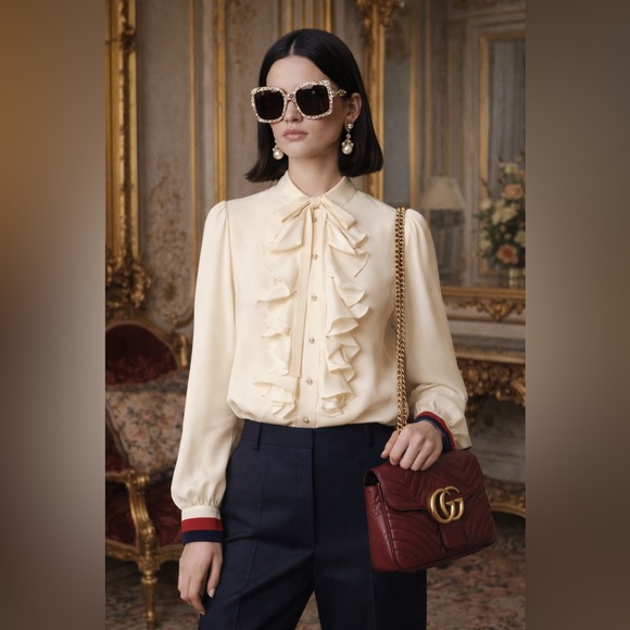 Gucci Silk Ruffle Crepe Cream Blouse IT 44 (US 8) - Picture 2 of 11